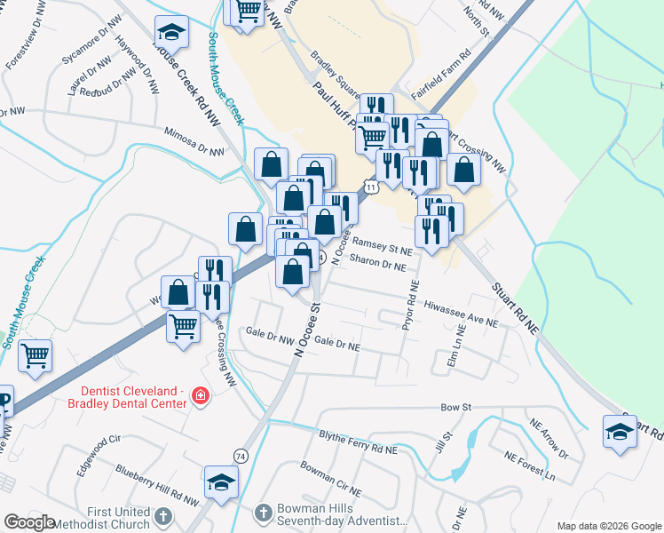 map of restaurants, bars, coffee shops, grocery stores, and more near N Lee Hwy in Cleveland