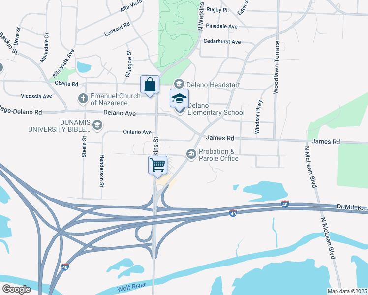 map of restaurants, bars, coffee shops, grocery stores, and more near 1740 Ontario Avenue in Memphis