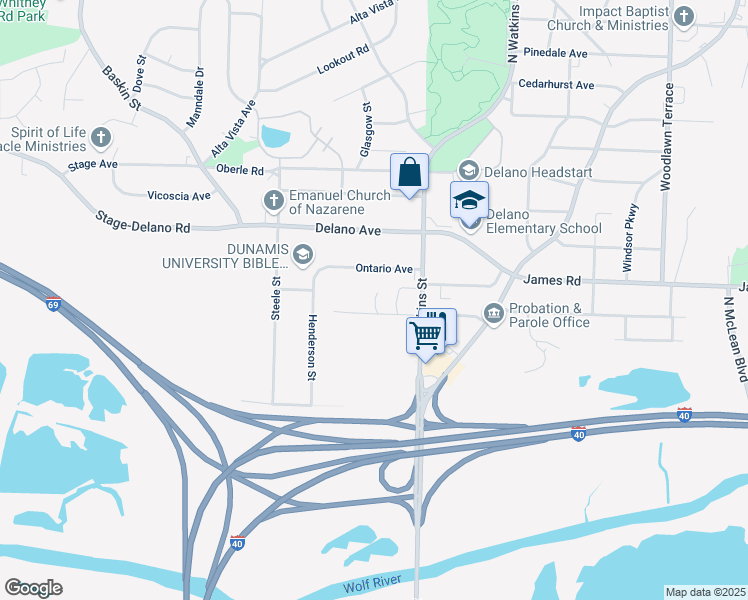 map of restaurants, bars, coffee shops, grocery stores, and more near 1601 Ontario Avenue in Memphis