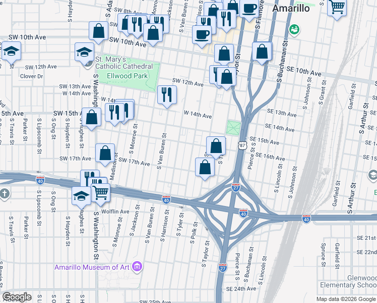 map of restaurants, bars, coffee shops, grocery stores, and more near 1606 South Tyler Street in Amarillo