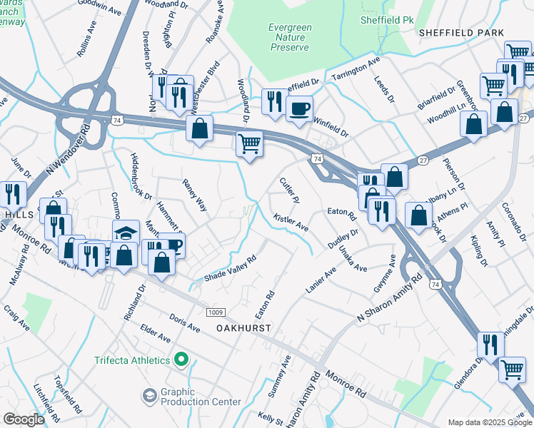 map of restaurants, bars, coffee shops, grocery stores, and more near 4901 Kistler Avenue in Charlotte