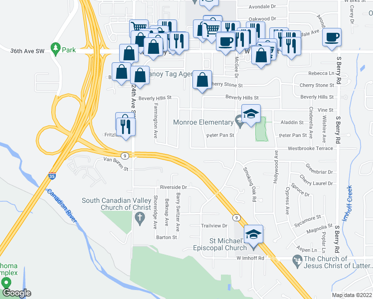 map of restaurants, bars, coffee shops, grocery stores, and more near 1728 Homeland Avenue in Norman