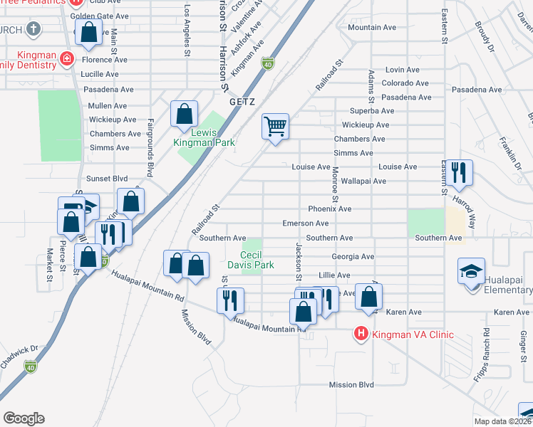 map of restaurants, bars, coffee shops, grocery stores, and more near 2404 Phoenix Avenue in Kingman