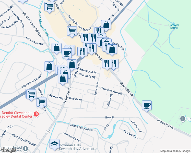 map of restaurants, bars, coffee shops, grocery stores, and more near 241 Sharon Drive Northeast in Cleveland