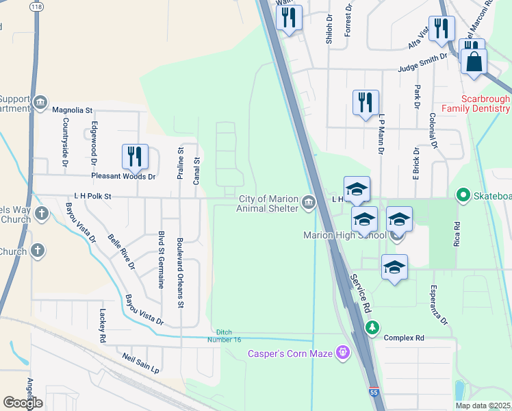 map of restaurants, bars, coffee shops, grocery stores, and more near Par Drive in Marion
