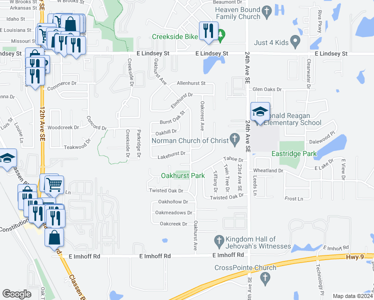 map of restaurants, bars, coffee shops, grocery stores, and more near 1921 Lakehurst Drive in Norman