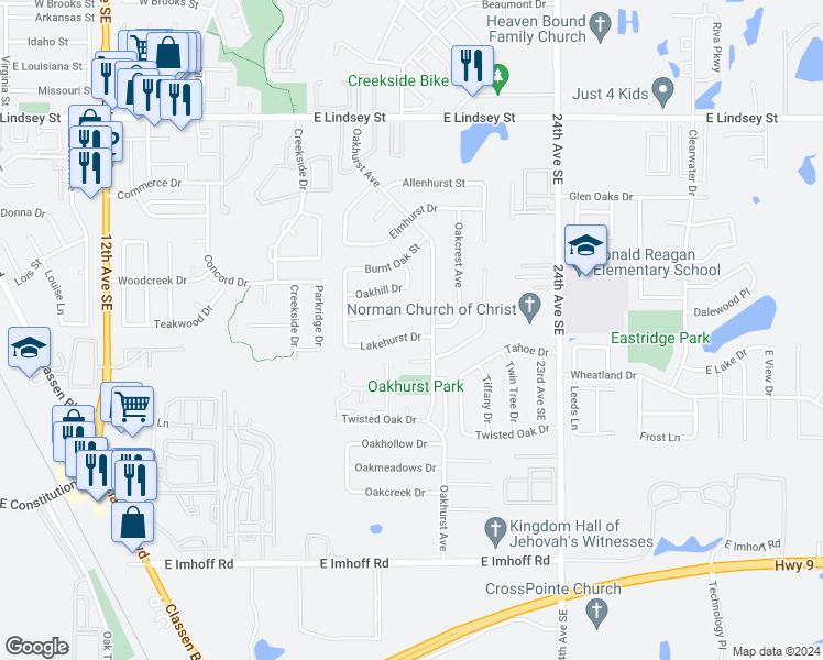 map of restaurants, bars, coffee shops, grocery stores, and more near 1913 Lakehurst Drive in Norman