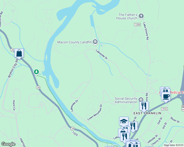 map of restaurants, bars, coffee shops, grocery stores, and more near 1130 Lakeside Drive in Franklin