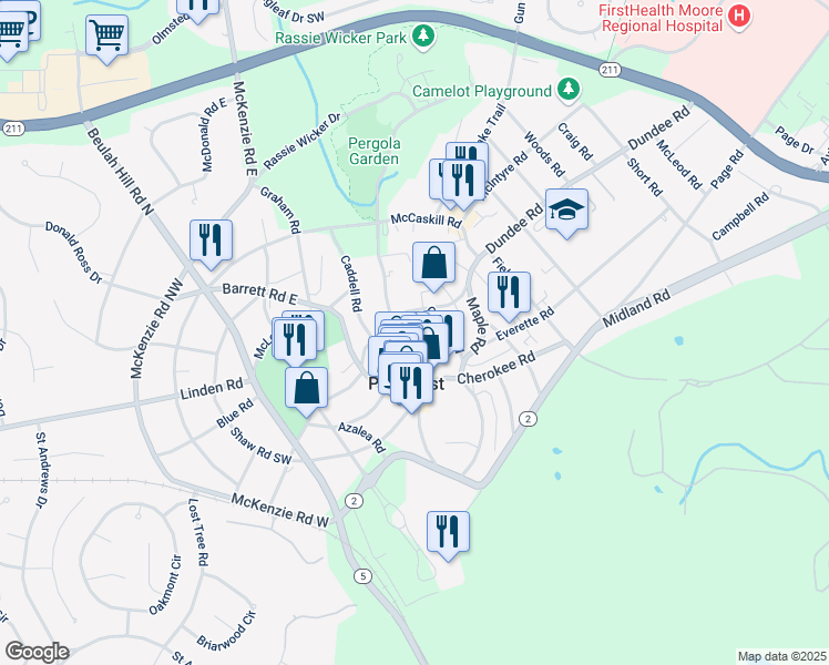 map of restaurants, bars, coffee shops, grocery stores, and more near 50 Dogwood Road in Pinehurst