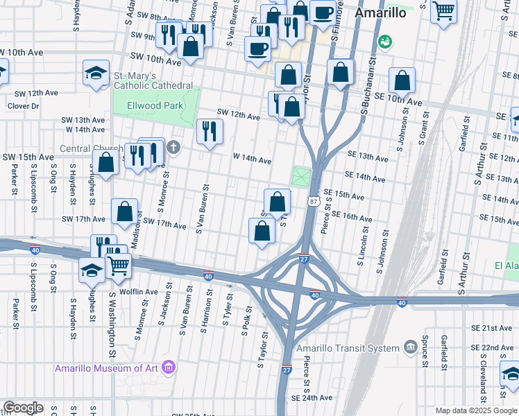map of restaurants, bars, coffee shops, grocery stores, and more near 1600 South Polk Street in Amarillo