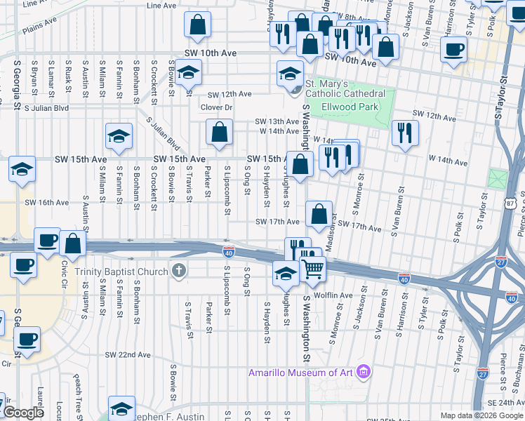 map of restaurants, bars, coffee shops, grocery stores, and more near 1614 South Hayden Street in Amarillo