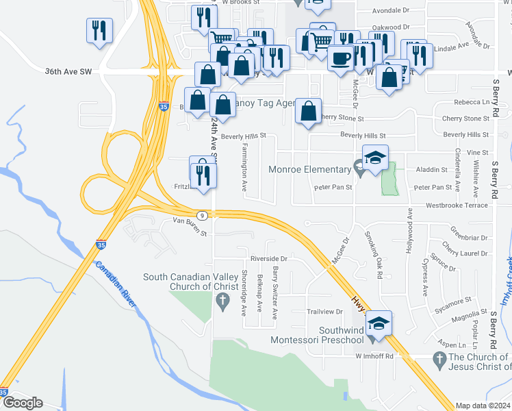 map of restaurants, bars, coffee shops, grocery stores, and more near 2204 Hartford Drive in Norman