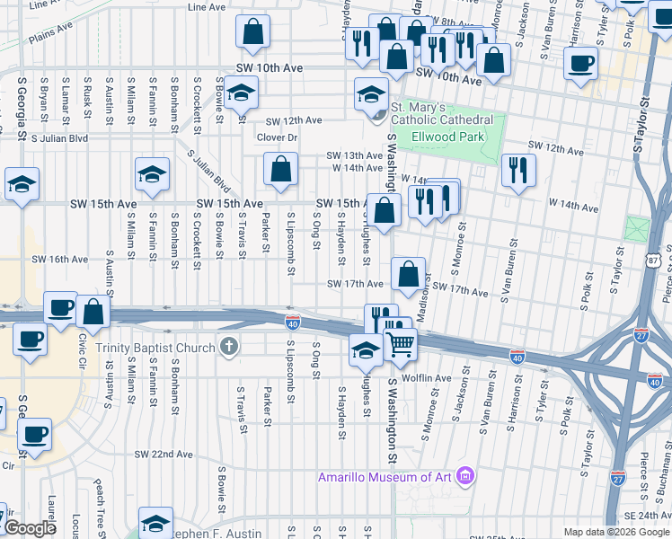 map of restaurants, bars, coffee shops, grocery stores, and more near 1614 South Hayden Street in Amarillo