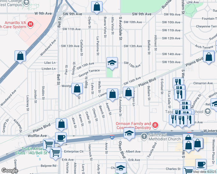 map of restaurants, bars, coffee shops, grocery stores, and more near 5114 Southwest 16th Avenue in Amarillo