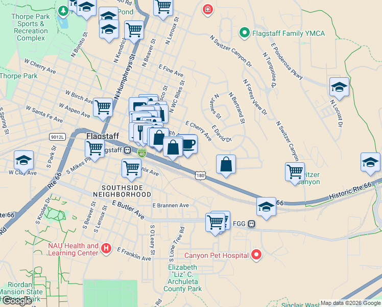 map of restaurants, bars, coffee shops, grocery stores, and more near 118 East Terrace Avenue in Flagstaff