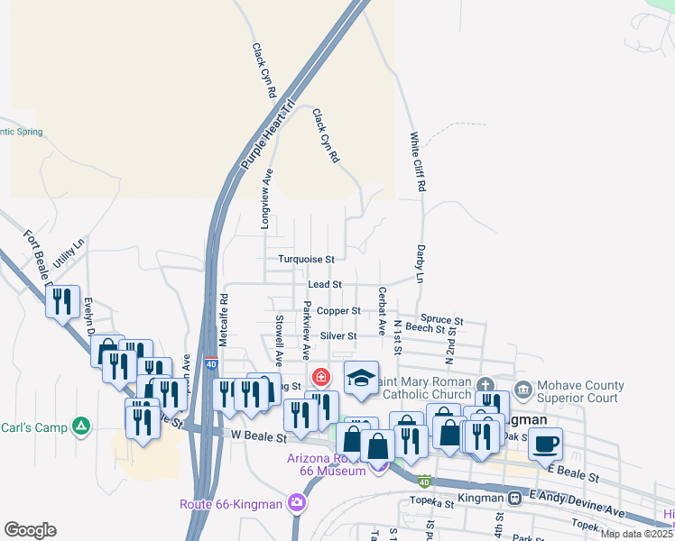 map of restaurants, bars, coffee shops, grocery stores, and more near 410-412 Turquoise Street in Kingman