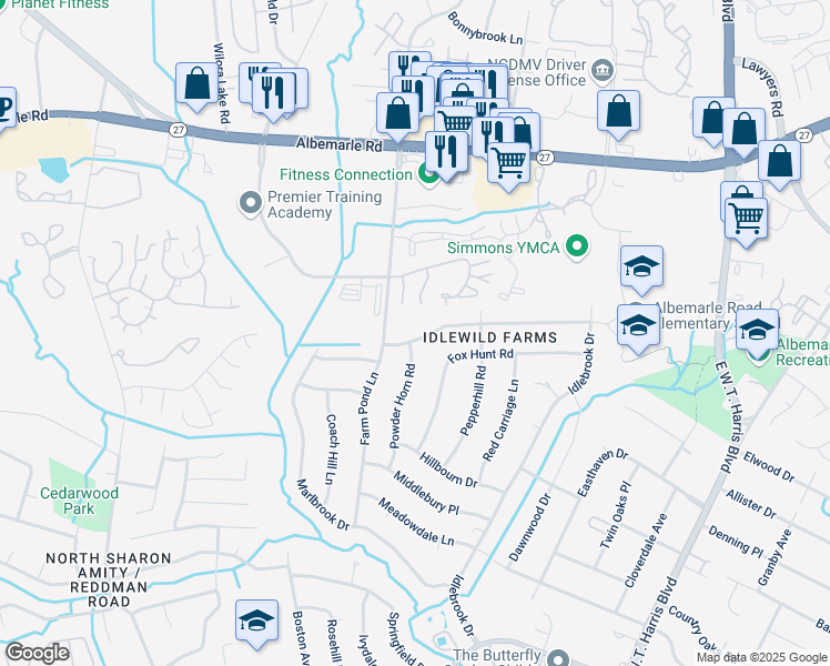 map of restaurants, bars, coffee shops, grocery stores, and more near 7227 Riding Trail Road in Charlotte
