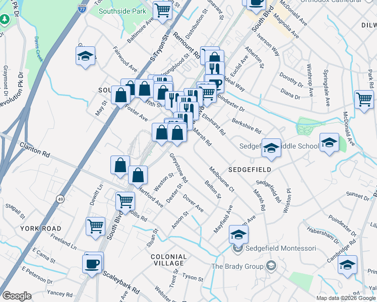 map of restaurants, bars, coffee shops, grocery stores, and more near 324 Melbourne Court in Charlotte