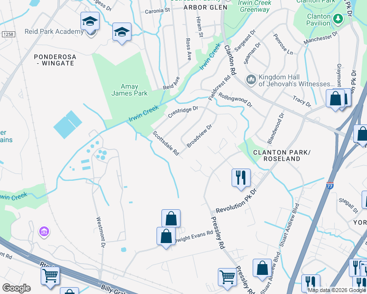 map of restaurants, bars, coffee shops, grocery stores, and more near 4032 Broadview Drive in Charlotte