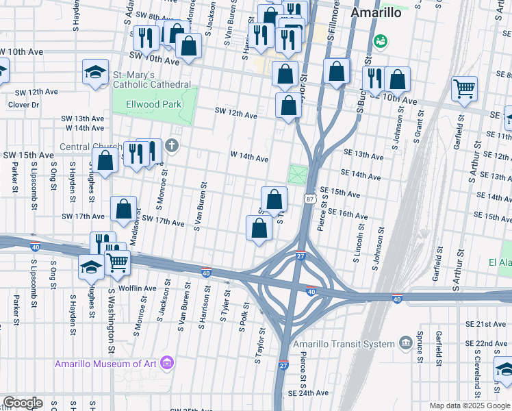 map of restaurants, bars, coffee shops, grocery stores, and more near 1600 South Polk Street in Amarillo