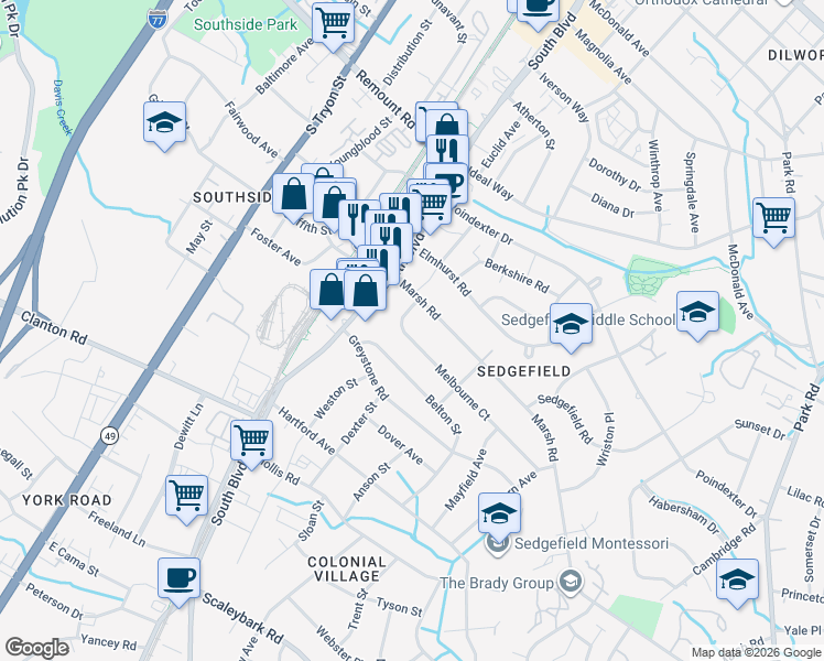 map of restaurants, bars, coffee shops, grocery stores, and more near in Charlotte