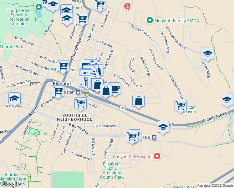 map of restaurants, bars, coffee shops, grocery stores, and more near 118 East Terrace Avenue in Flagstaff