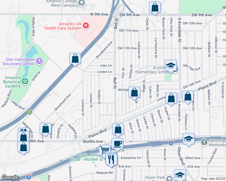 map of restaurants, bars, coffee shops, grocery stores, and more near 1534 Bell Street in Amarillo