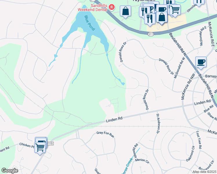 map of restaurants, bars, coffee shops, grocery stores, and more near 110 Muirfield Place in Pinehurst