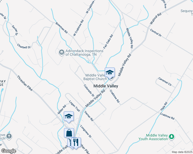 map of restaurants, bars, coffee shops, grocery stores, and more near 1608 Crabtree Road in Middle Valley