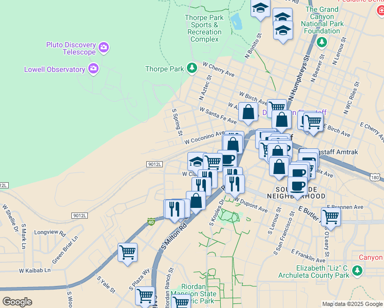 map of restaurants, bars, coffee shops, grocery stores, and more near 511 West Lower Coconino Avenue in Flagstaff