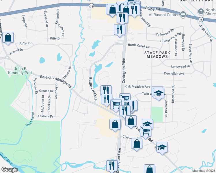 map of restaurants, bars, coffee shops, grocery stores, and more near 2649 Bay Pointe Circle East in Memphis