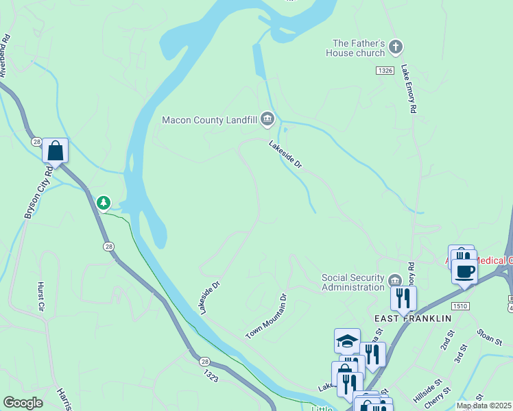 map of restaurants, bars, coffee shops, grocery stores, and more near 1130 Lakeside Drive in Franklin