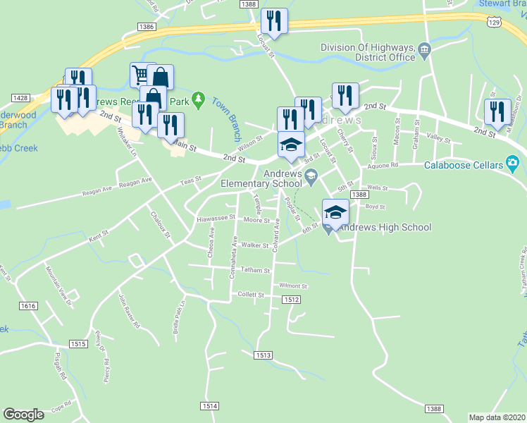 map of restaurants, bars, coffee shops, grocery stores, and more near 103 Temple in Andrews