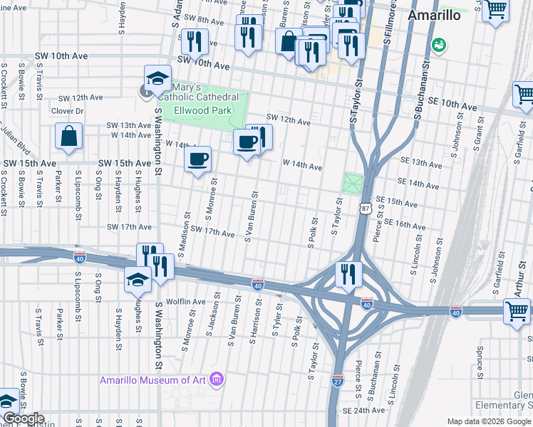map of restaurants, bars, coffee shops, grocery stores, and more near 1603 South Van Buren Street in Amarillo