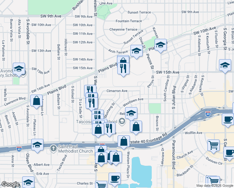 map of restaurants, bars, coffee shops, grocery stores, and more near 4101 Cimarron Avenue in Amarillo