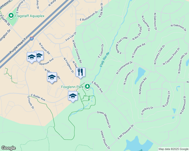 map of restaurants, bars, coffee shops, grocery stores, and more near 4270 East Spring Meadows Circle in Flagstaff