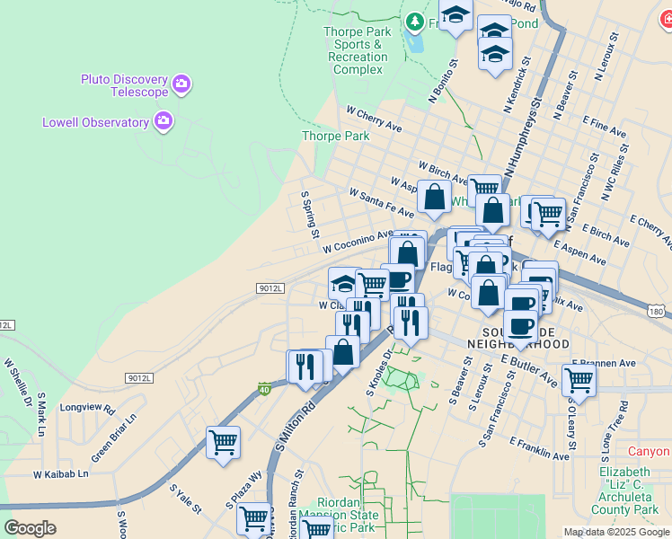 map of restaurants, bars, coffee shops, grocery stores, and more near 511 West Lower Coconino Avenue in Flagstaff