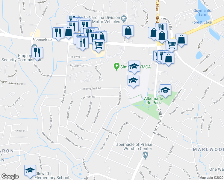 map of restaurants, bars, coffee shops, grocery stores, and more near 7509 Riding Trail Road in Charlotte