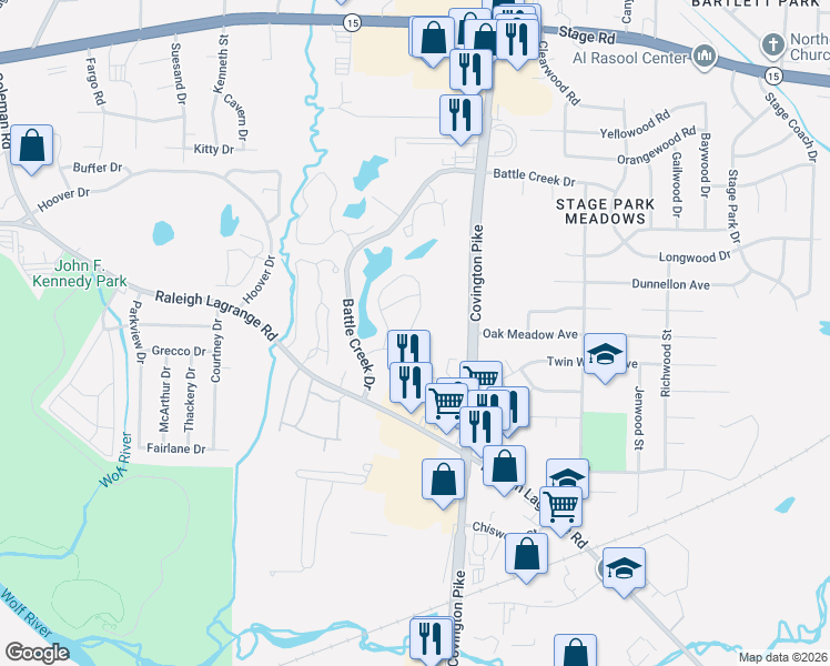 map of restaurants, bars, coffee shops, grocery stores, and more near 2649 Bay Pointe Circle East in Memphis