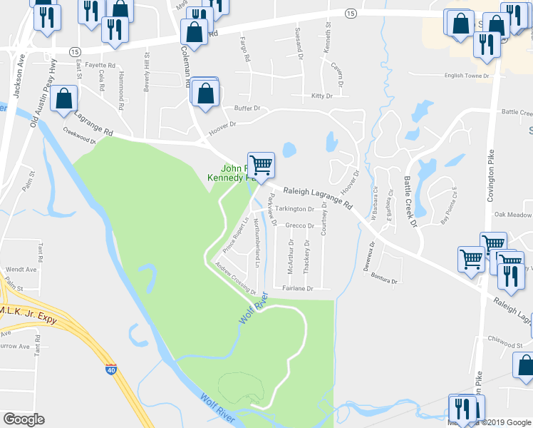 map of restaurants, bars, coffee shops, grocery stores, and more near 4658 Tarkington Drive in Memphis