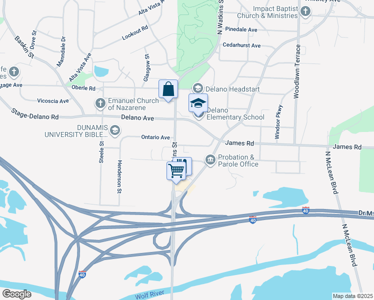 map of restaurants, bars, coffee shops, grocery stores, and more near 2626 North Watkins Street in Memphis