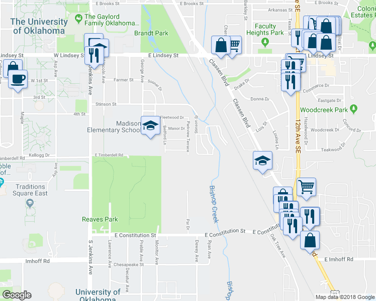 map of restaurants, bars, coffee shops, grocery stores, and more near 598 Clearview Drive in Norman