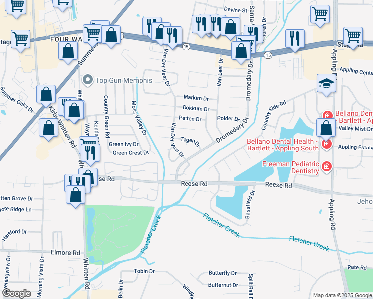 map of restaurants, bars, coffee shops, grocery stores, and more near 2633 Tagen Cove in Memphis