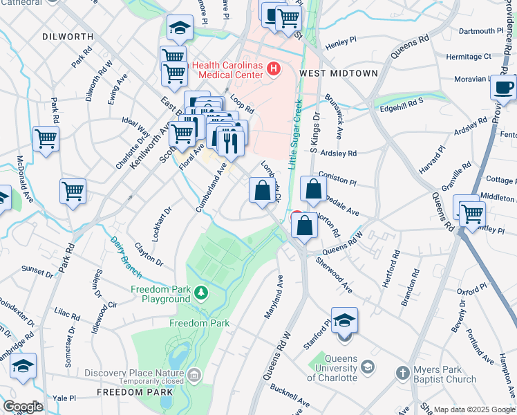map of restaurants, bars, coffee shops, grocery stores, and more near 1809 East Boulevard in Charlotte