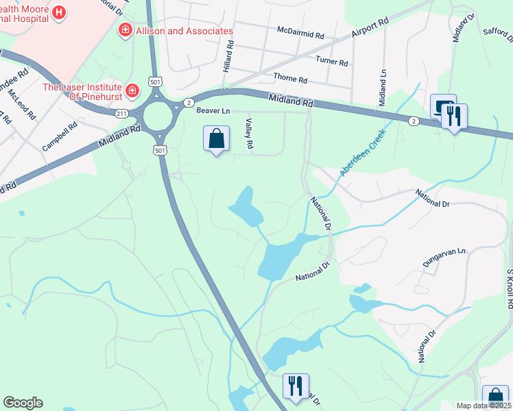 map of restaurants, bars, coffee shops, grocery stores, and more near 110 Killiney Lane in Pinehurst