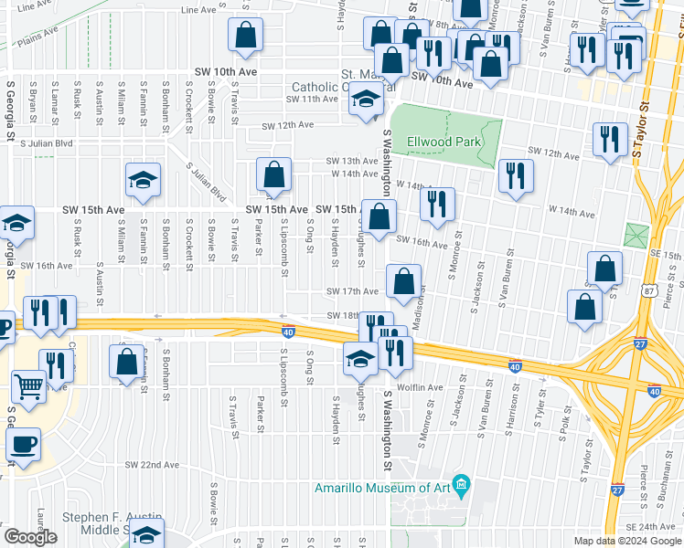 map of restaurants, bars, coffee shops, grocery stores, and more near 1619 South Hayden Street in Amarillo