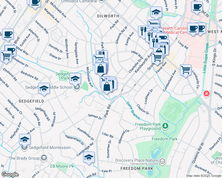 map of restaurants, bars, coffee shops, grocery stores, and more near 2425 Park Road in Charlotte
