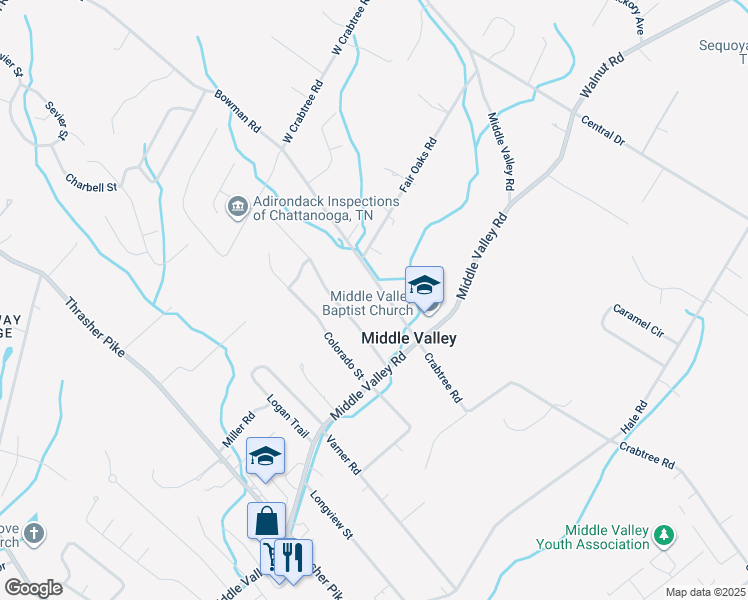 map of restaurants, bars, coffee shops, grocery stores, and more near 1608 Crabtree Road in Middle Valley