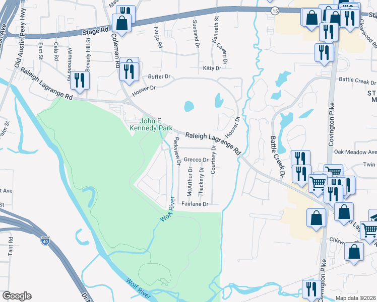 map of restaurants, bars, coffee shops, grocery stores, and more near 4691 Tarkington Drive in Memphis
