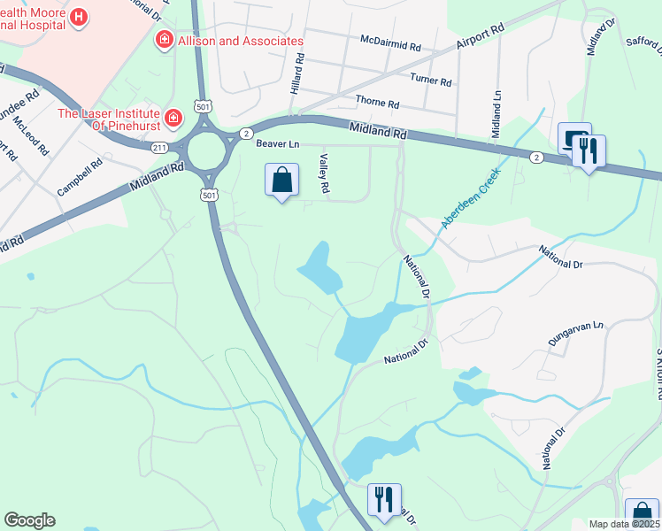 map of restaurants, bars, coffee shops, grocery stores, and more near 110 Killiney Lane in Pinehurst